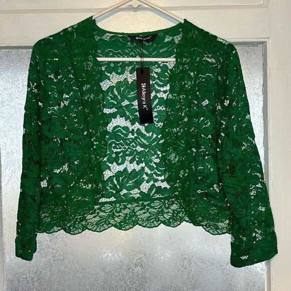 NWT Akira Women’s Green Lace Cropped Cardigan Sweater Bolero 3/4 Length Sleeve L - Picture 1 of 6